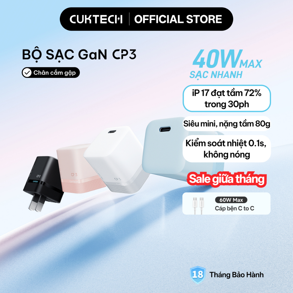 Củ Sạc Nhanh CUKTECH GaN 40W Siêu Nhỏ Gọn Chân Gập Không Nóng Máy Cho iP…