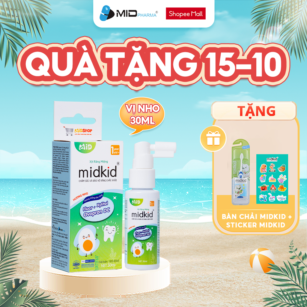 Xịt chống sâu răng Midkid vị Nho 30ml cho bé từ 1 tuổi nuốt an toàn giúp làm…