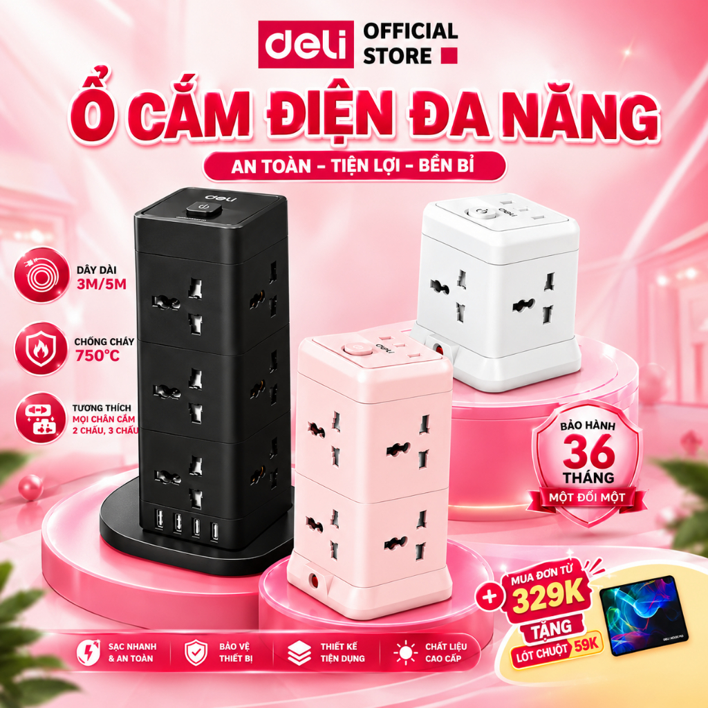 Ổ Cắm Điện Trụ DELI Sạc Nhanh USB TypeC 20W, Ổ Điện Đa Năng Thông Minh Để Bàn…