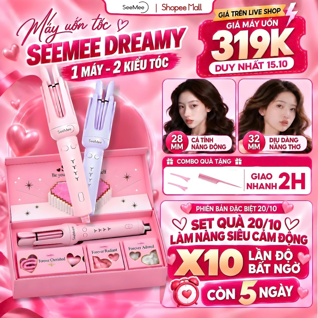 Máy Uốn Tóc Tự Động Seemee trục 28mm 32mm, Set Quà Tặng Cho Nữ 20/10 LOVEBOX bản 2025, LIS