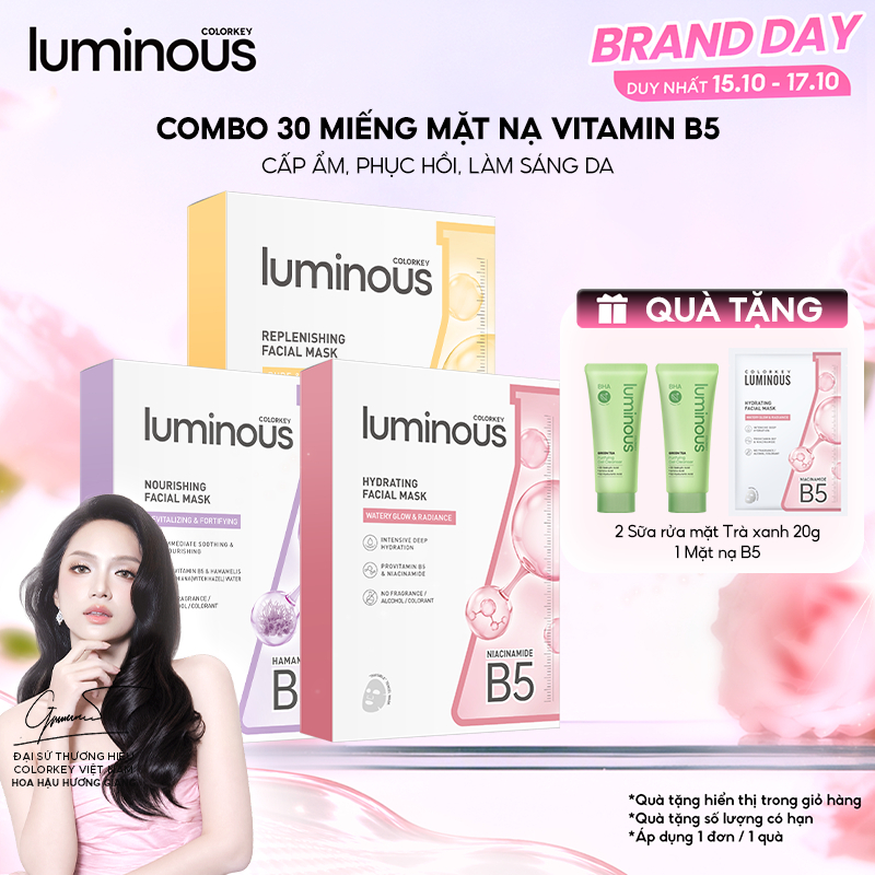 COMBO 3 Hộp Mặt Nạ Colorkey Luminous Tinh Chất Vitamin B5 Cấp Ẩm Sâu Cho Da Căng Bóng Phù Hợp Da Nhạy Cảm 25ml x 30