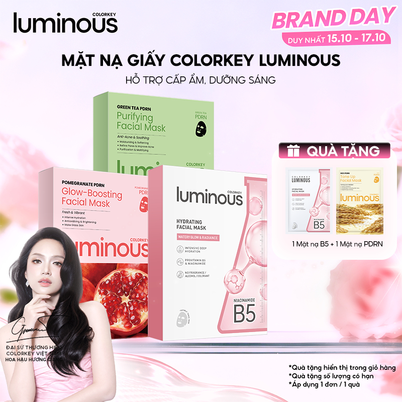 Mặt Nạ Colorkey Luminous Vitamin B5/ Vitamin B3/ Trà xanh/ PDRN Hỗ trợ dưỡng ẩm, sáng da, giảm dầu mụn 10 miếng/Hộp