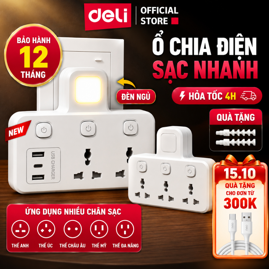 Ổ Chia Điện Đa Năng Deli Ổ Cắm Chia Điện 2500W Tích Hợp Cổng USB &TypeC Sạc…