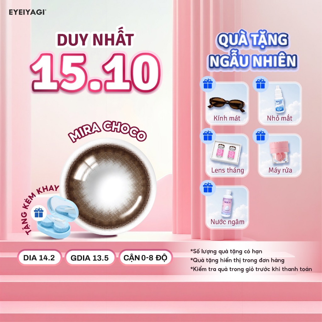 Kính áp tròng EYEIYAGI lens nâu Mira Choco giãn tròng tự nhiên 14.2mm lens cận 3 tháng Giá 1 chiếc