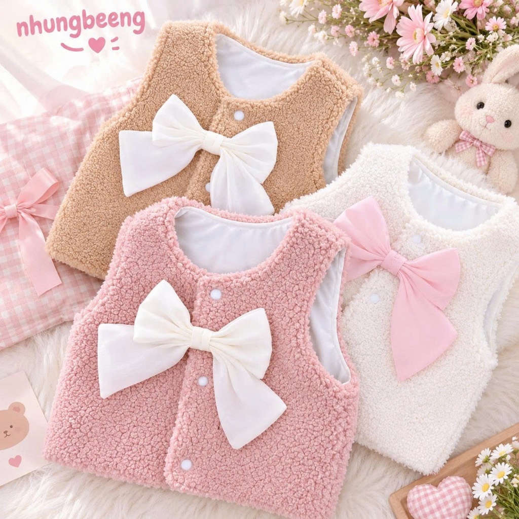 áo khoác cho bé,áo gile lông cừu - áo ấm thu đông cho bé phối nơ siêu dễ thương và ấm áp