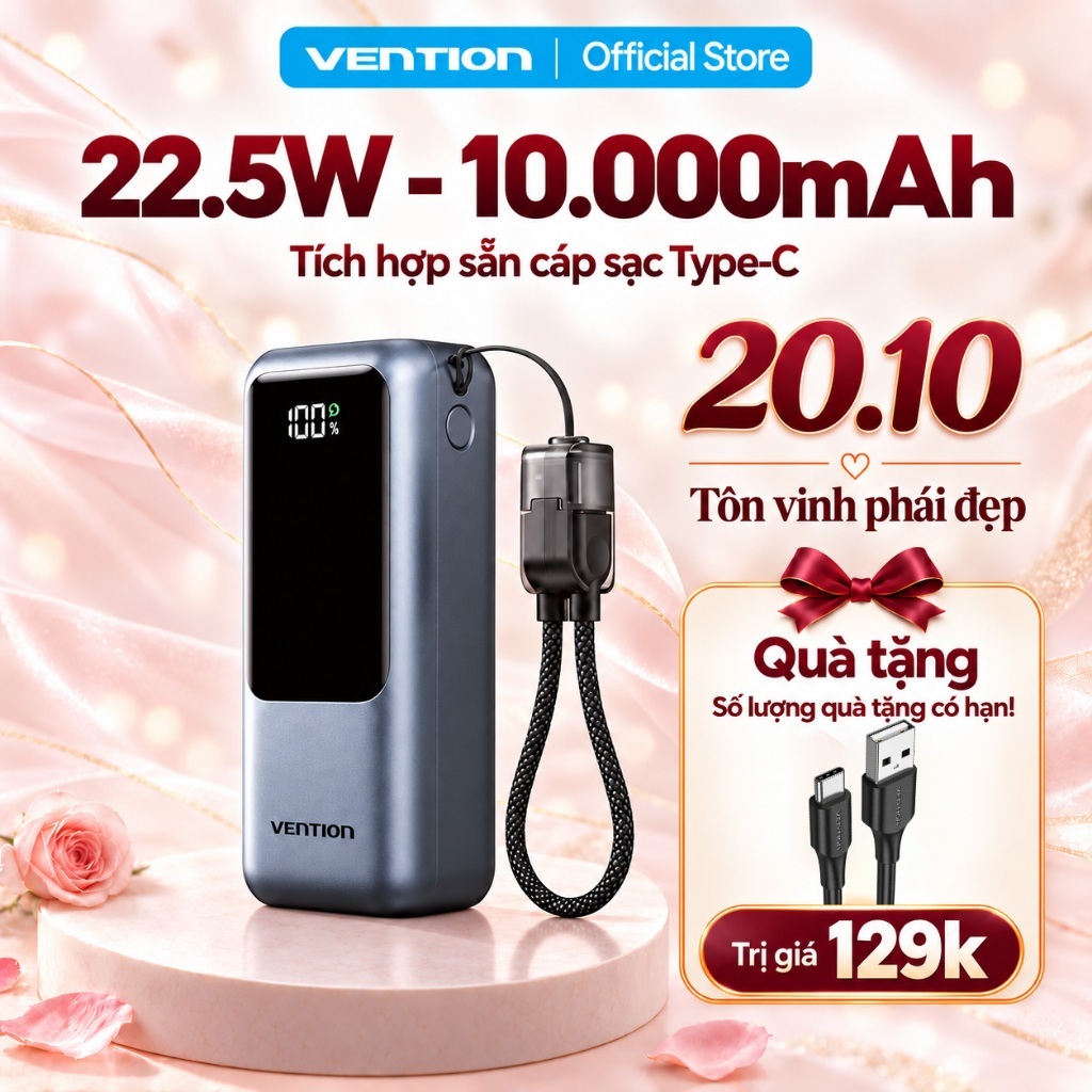 Pin Sạc Dự Phòng Mini 22.5W 10000mAh Vention Tích Hợp Dây Type C, Màn LED Hiển…
