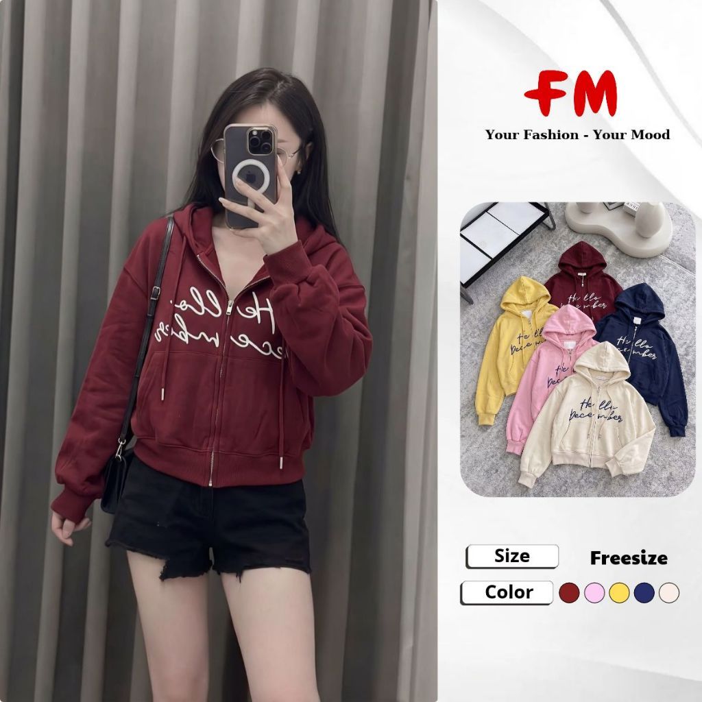 Áo Khoác Nỉ Nữ FMSTYLE Có Mũ Khóa Kéo In Chữ HELLO DECEMBER Form Croptop Tay Dài 26070692