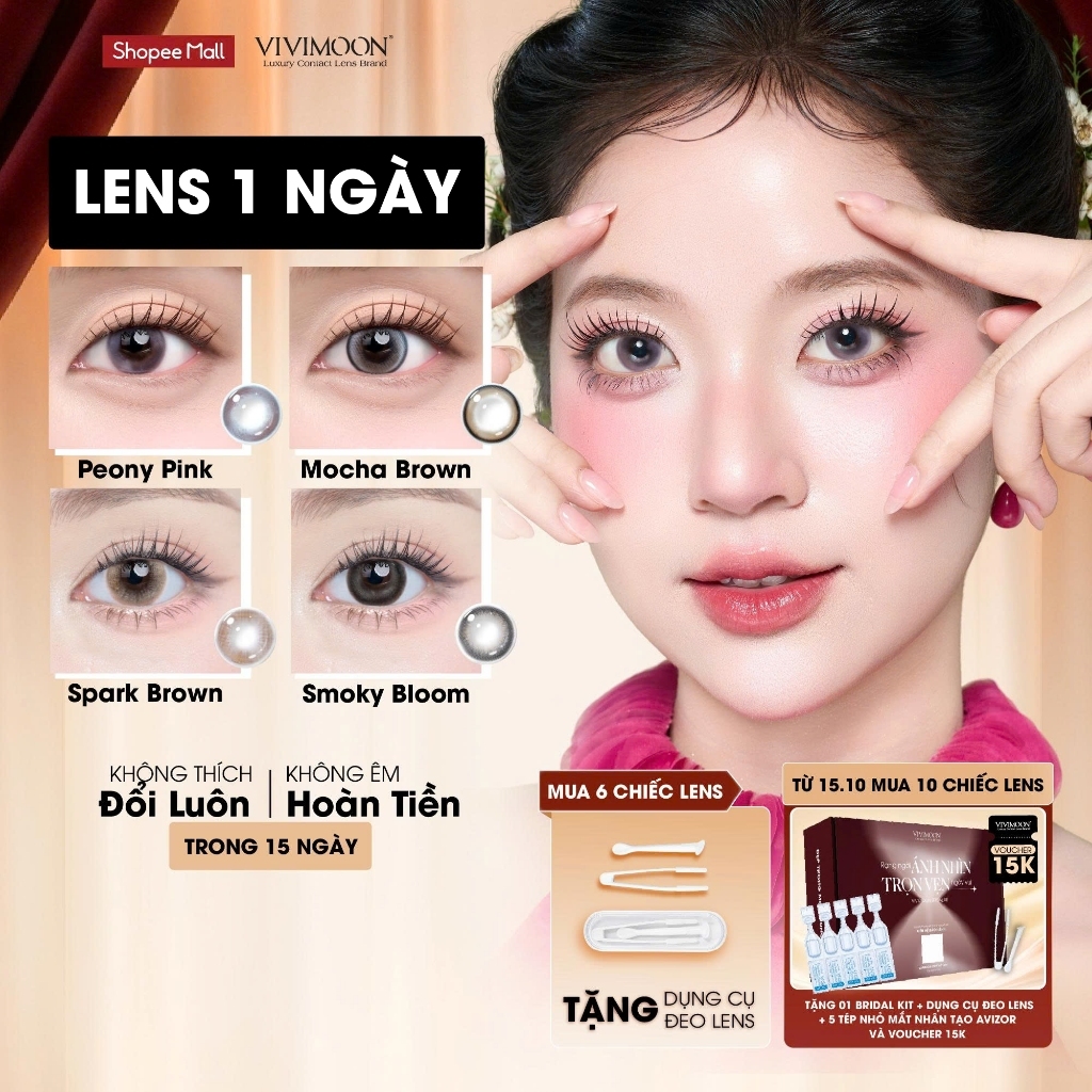 VIVIMOON lens 1 ngày khóa ẩm, kính áp tròng màu giãn to 14.5mm độ cận từ 0 đến 8
