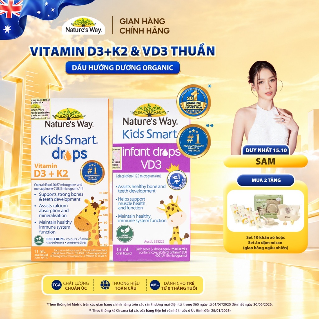 Vitamin D3, D3K2 Nature’s Way Kids Smart Drops Với Dầu Hoa Hướng Dương Organic…