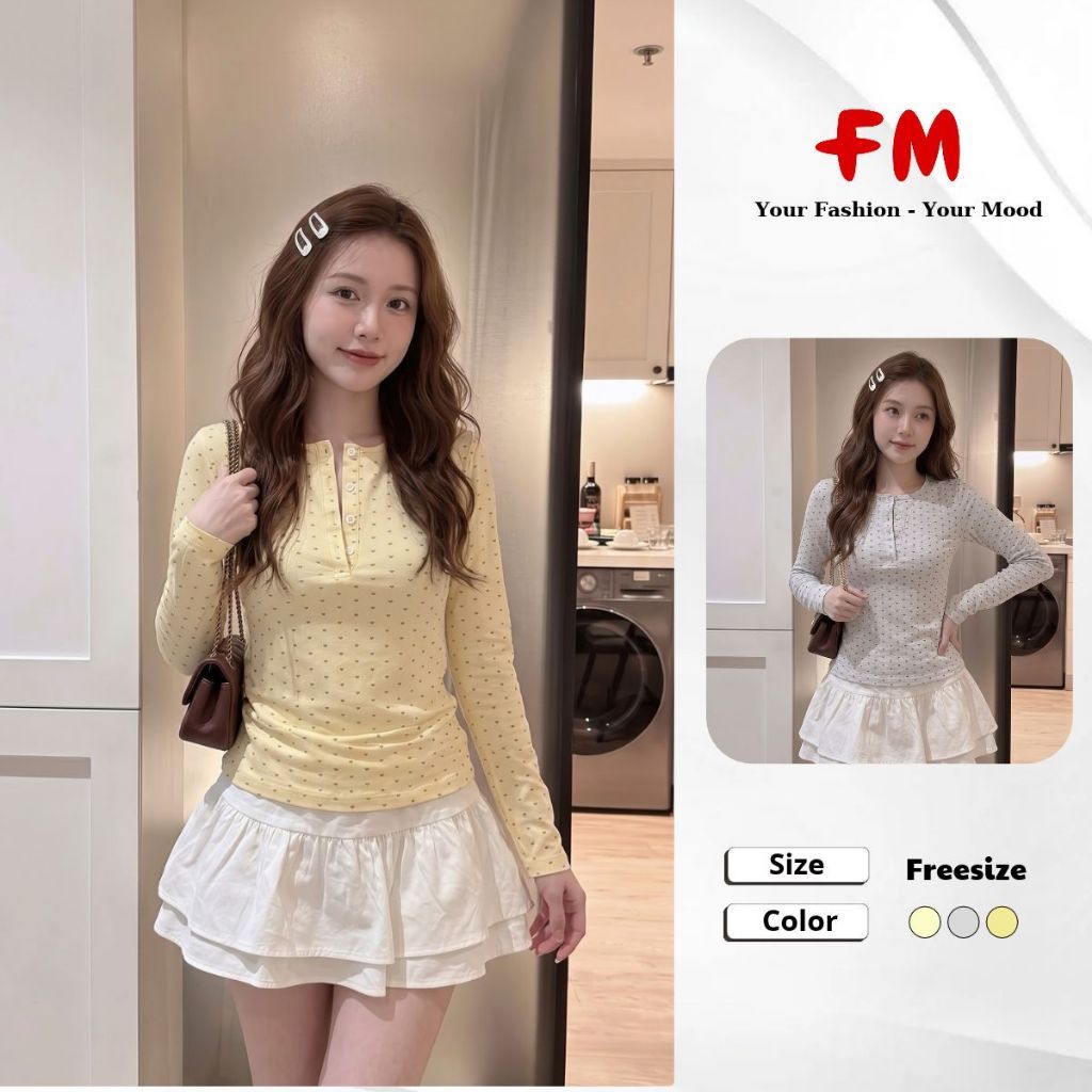 FMSTYLE Áo Thun Nữ Korea Tay Dài chấm bi cổ trụ nút 3 màu Freesize 26090955