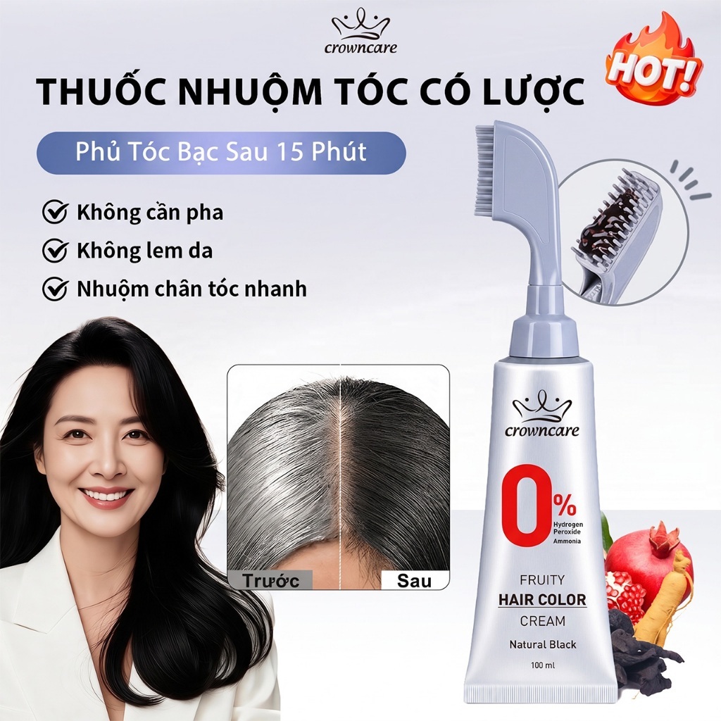 Crowncare Lược Nhuộm Tóc Phủ Bạc Nhanh Chải Là Lên Màu Nhuộm Chân Tóc Tiện Lợi Không Cần Pha Màu Tự Nhiên 100ml