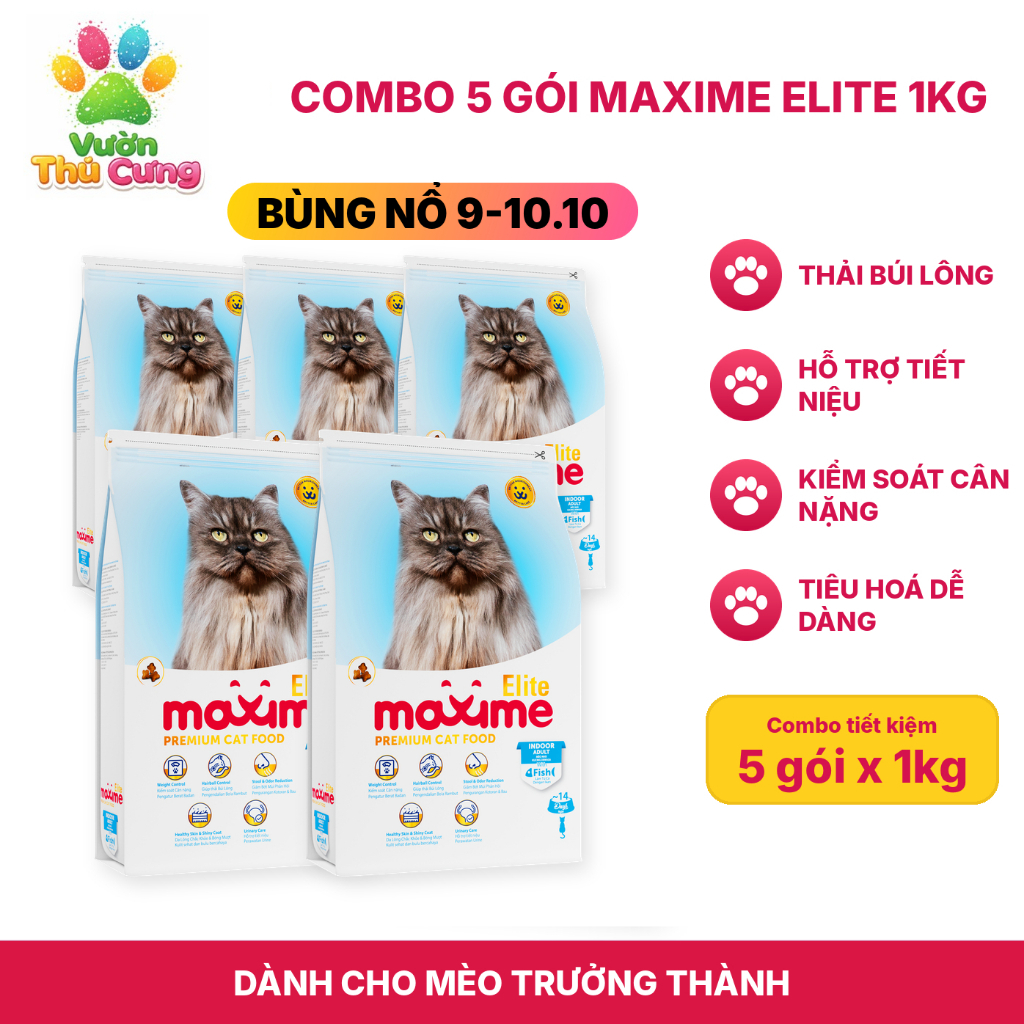 Combo 5 gói - Hạt thức ăn Maxime cho Mèo Nhà gói 1kg - Maxime Elite Indoor Fish - Kiểm Soát Cân Nặng
