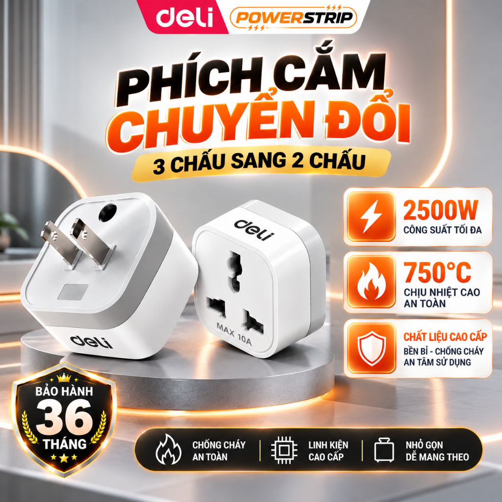 Phích Cắm Chuyển Đổi Deli, Ổ Cắm Chuyển Đổi Từ 3 Chấu Sang 2 Chấu Chuyển Đổi Đầu Sạc Cho Laptop