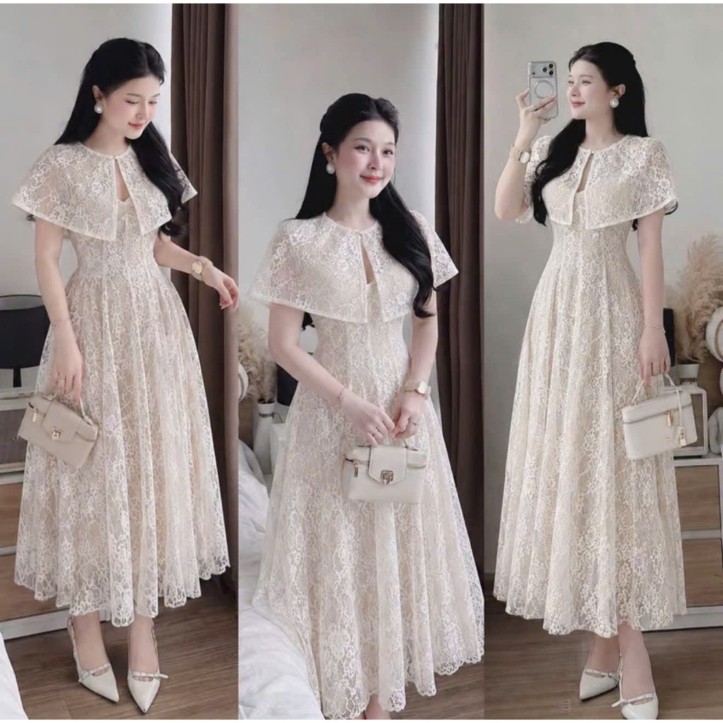 Đầm Ren Hoa Dáng Dài Y126 Cổ Cape Choàng Cao Cấp Phong Cách Vintage Tiểu Thư Sang Trọng – Akara Clos