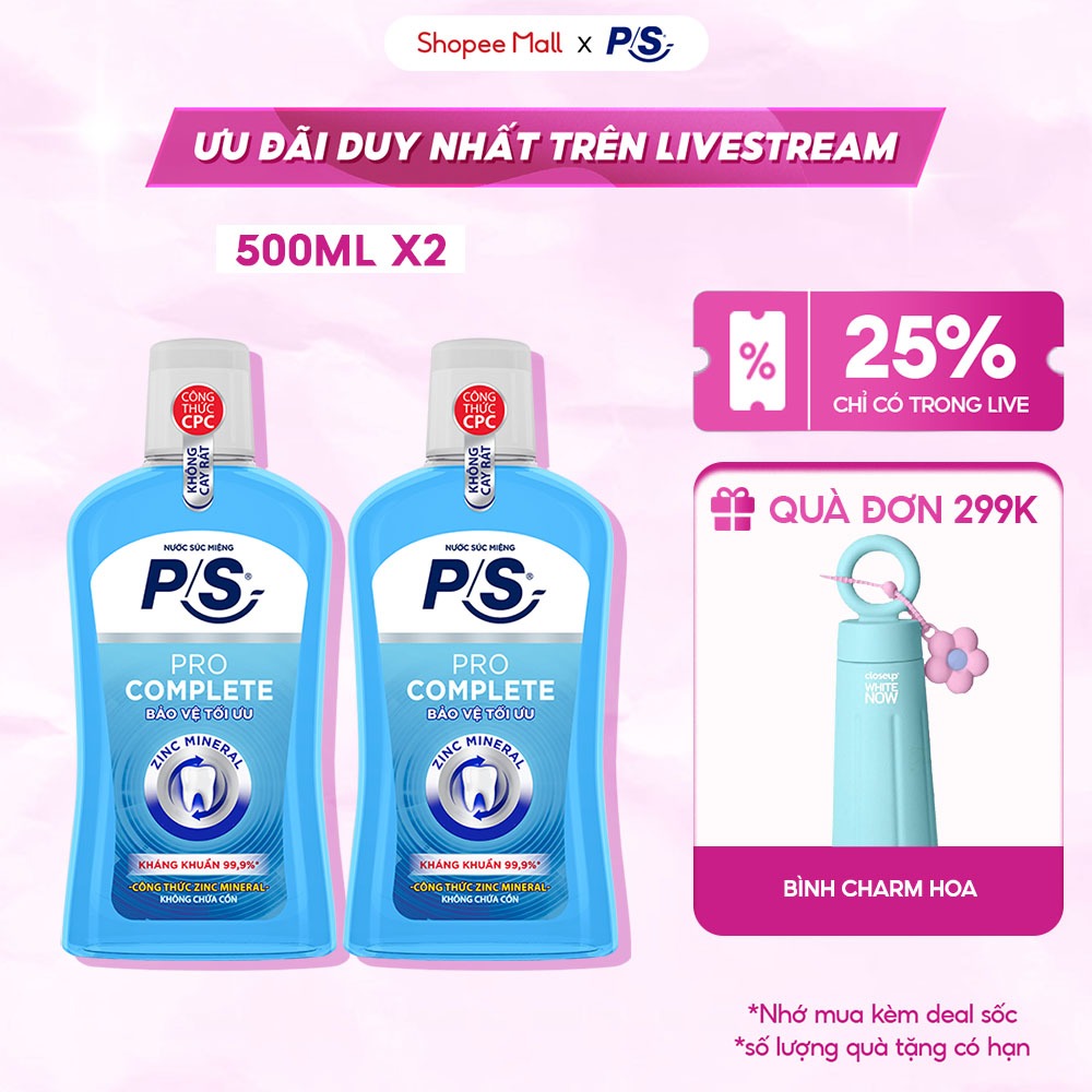 Combo 2 Nước súc miệng P/S kháng khuẩn 99.9% 500ml/chai