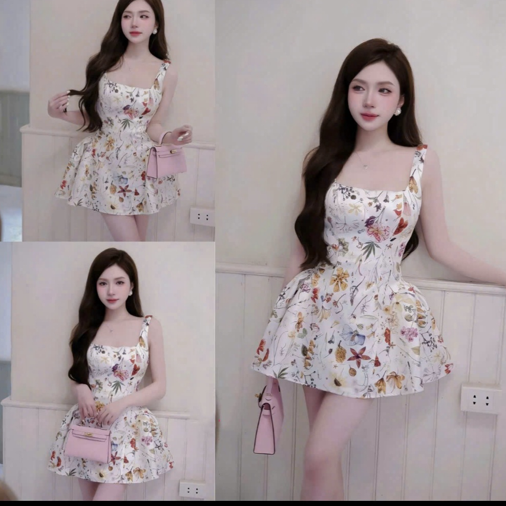 Đầm váy ngắn - Tùng dáng ngắn xòe họa tiết hoa lá trắng sắc màu 2 dây cổ vuông cotton lạnh có lót quần rời - mininafs