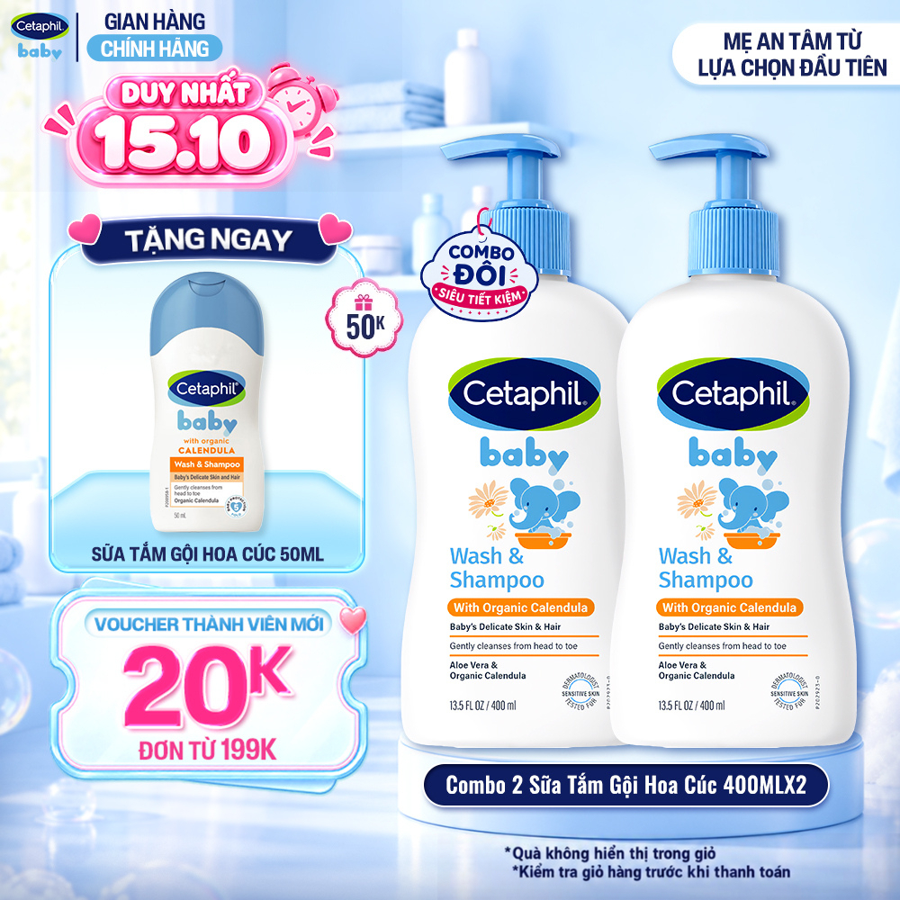 Combo 2 Sữa tắm gội dưỡng ẩm dịu lành cho bé Calendula hoa cúc hữu cơ CETAPHIL…