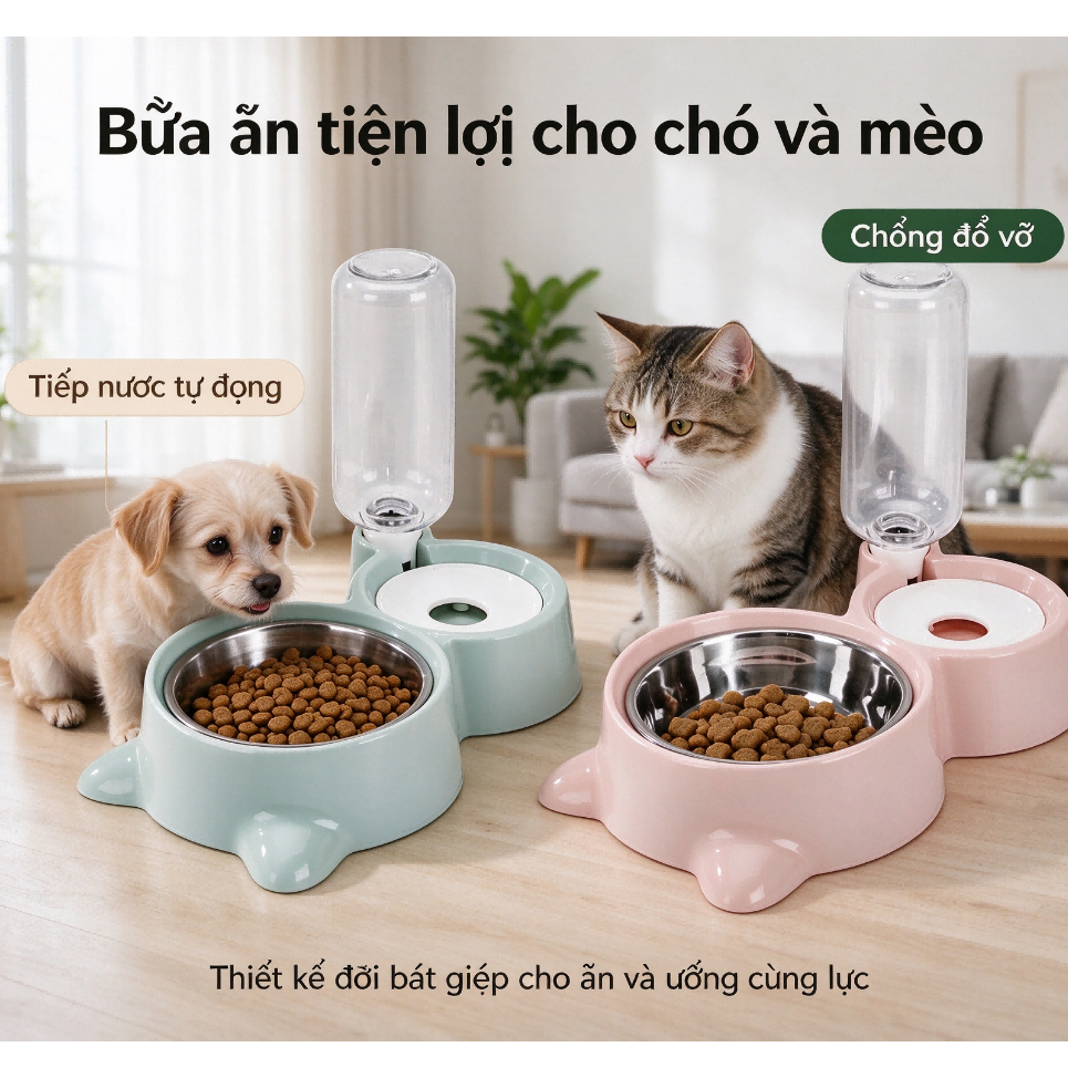 Bát Inox Hình Tai Mèo Cho Thú Cưng Chén ăn kèm cấp nước tự động cho chó mèo dễ tháo lắp