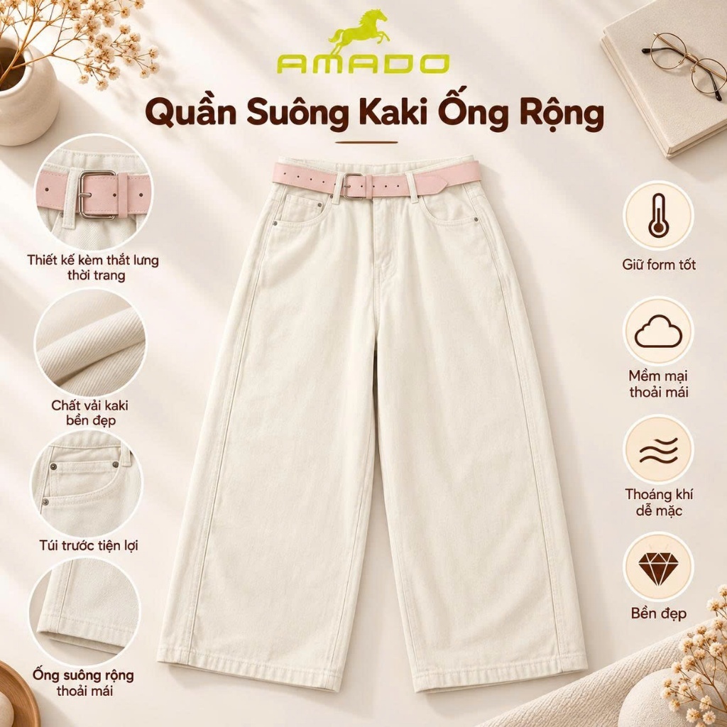Quần Kaki Ống Rộng Nữ AMADO Dáng Suông Cực Hack Dáng