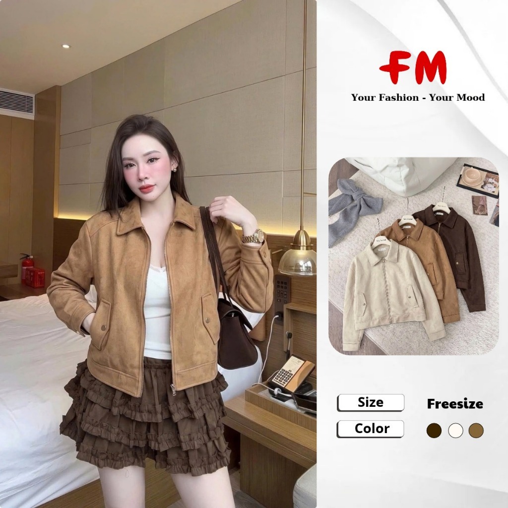 FMSTYLE Khoác Da Nữ Da lộn cổ bẻ khoác 2 túi nắp nút 3 màu Freesize 26100816