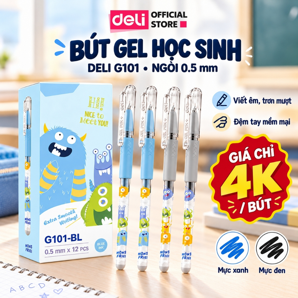 [🔥DEAL MỞ BÁN] Bút Gel Học Sinh Deli EG101 Ngòi 0.5mm Mực Đen Viết Êm, Họa Tiết Monster,2 Màu Pastel Cho Học Sinh