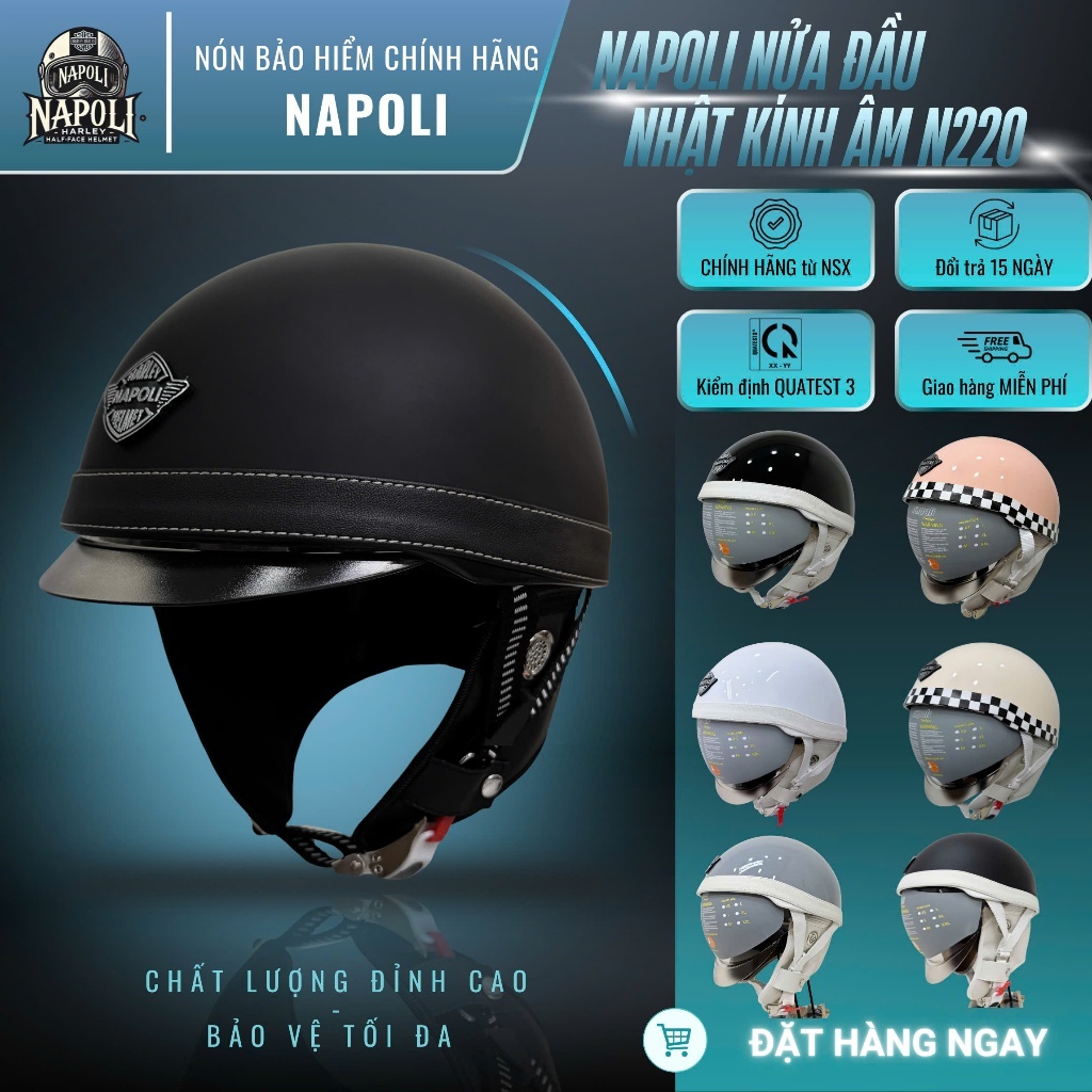 Mũ Bảo Hiểm Napoli N220 1/2 Nhật Kính Âm CHÍNH HÃNG - FREESHIP - Nón Bảo Hiểm Napoli Nửa Đầu Kính ÂM