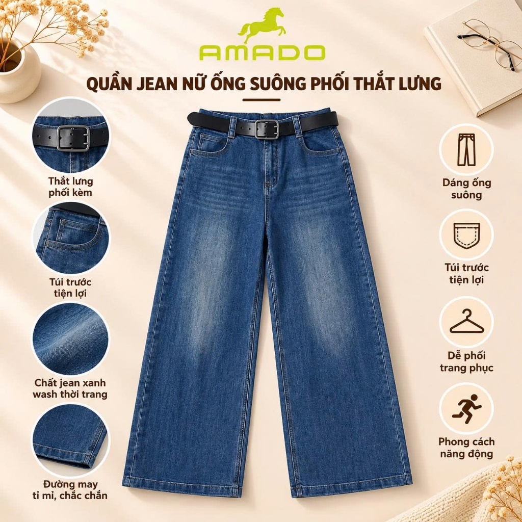 Quần Jean Nữ Ống Suông AMADO - Quần Bò Nữ Dáng Suông Cạp Cao Wash Thời Trang