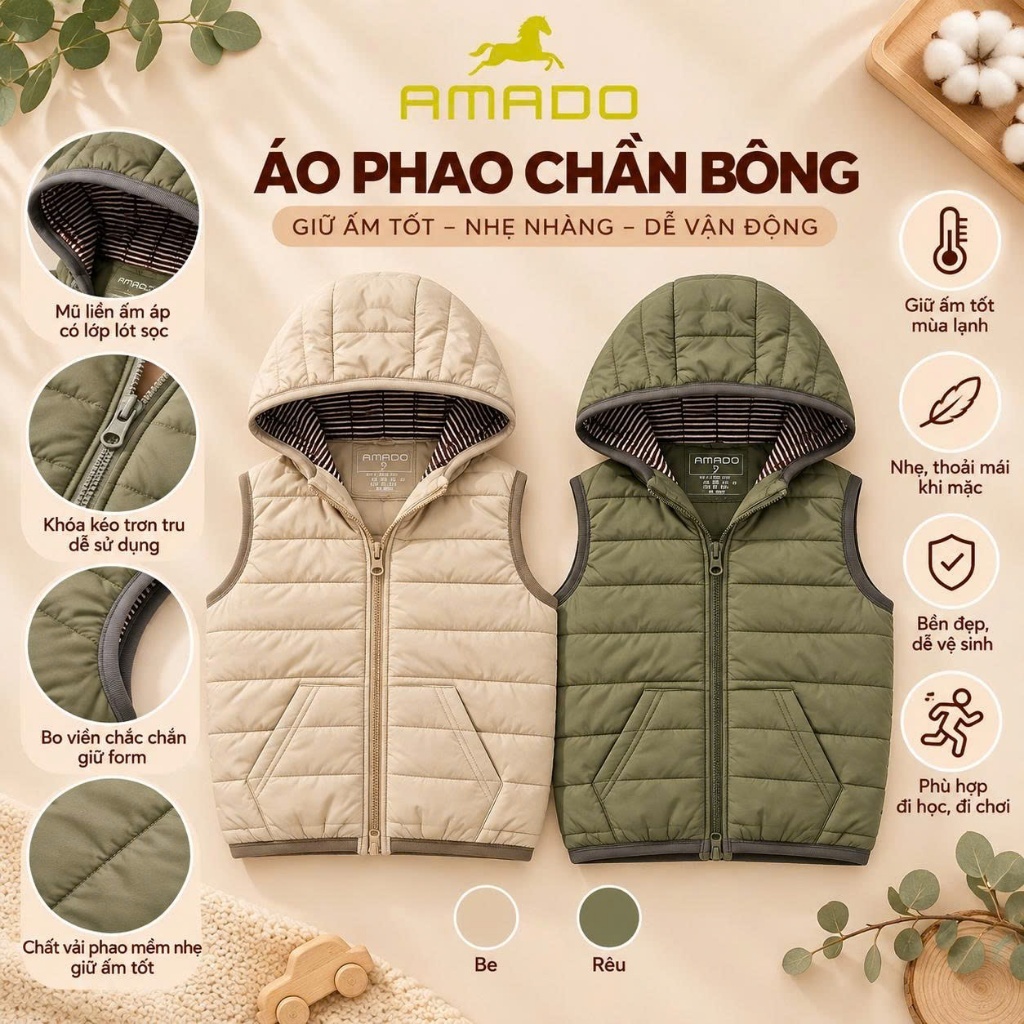 Áo Phao Trần Bông AMADO Cho Bé Có Mũ - Áo Khoác Gile Phao Trẻ Em Sát Nách 2 Màu