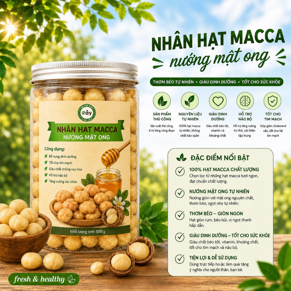 500gr Nhân Hạt Macca Rẫy Nướng Mật Ong - Thơm Ngon Giòn Rụm Béo Bùi Khó Cưỡng - Món Ăn Cao Cấp Nhiều