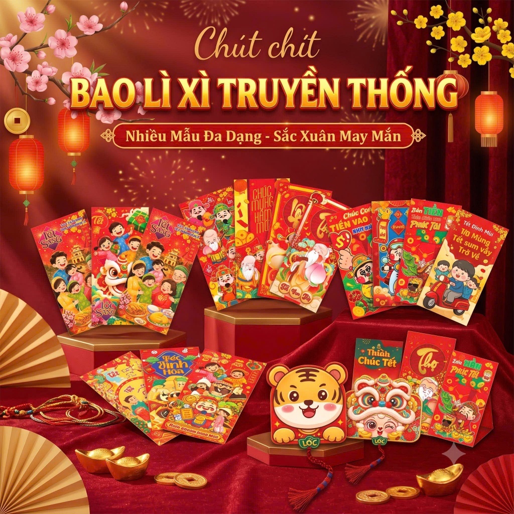 [Combo 500 Cái] Bao Lì Xì Tết 2027 Mẫu Truyền Thống, Họa Tiết Đẹp, In Sắc Nét, Đa Dạng