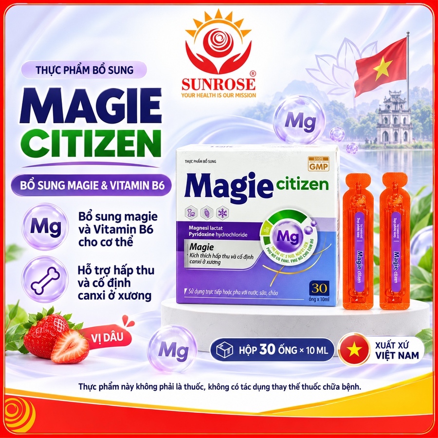Siro Magie Citizen vị dâu - Hỗ trợ kích thích hấp thu và cố định canxi, bổ sung Magie và Vitamin B6 