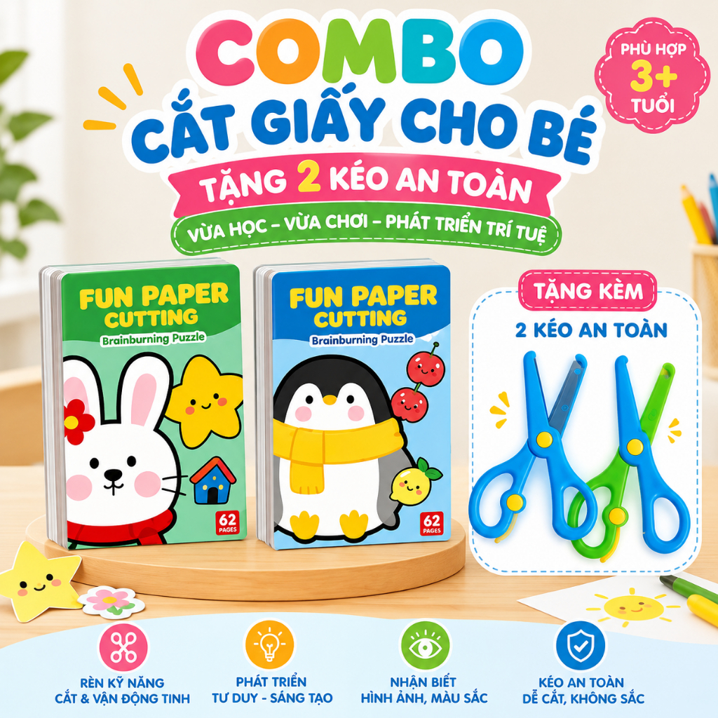 [TẶNG 2 KÉO AN TOÀN]Combo sách cắt giấy thủ công 124 trang cho bé 2+, giấy dày dễ cắt, luyện tay khéo