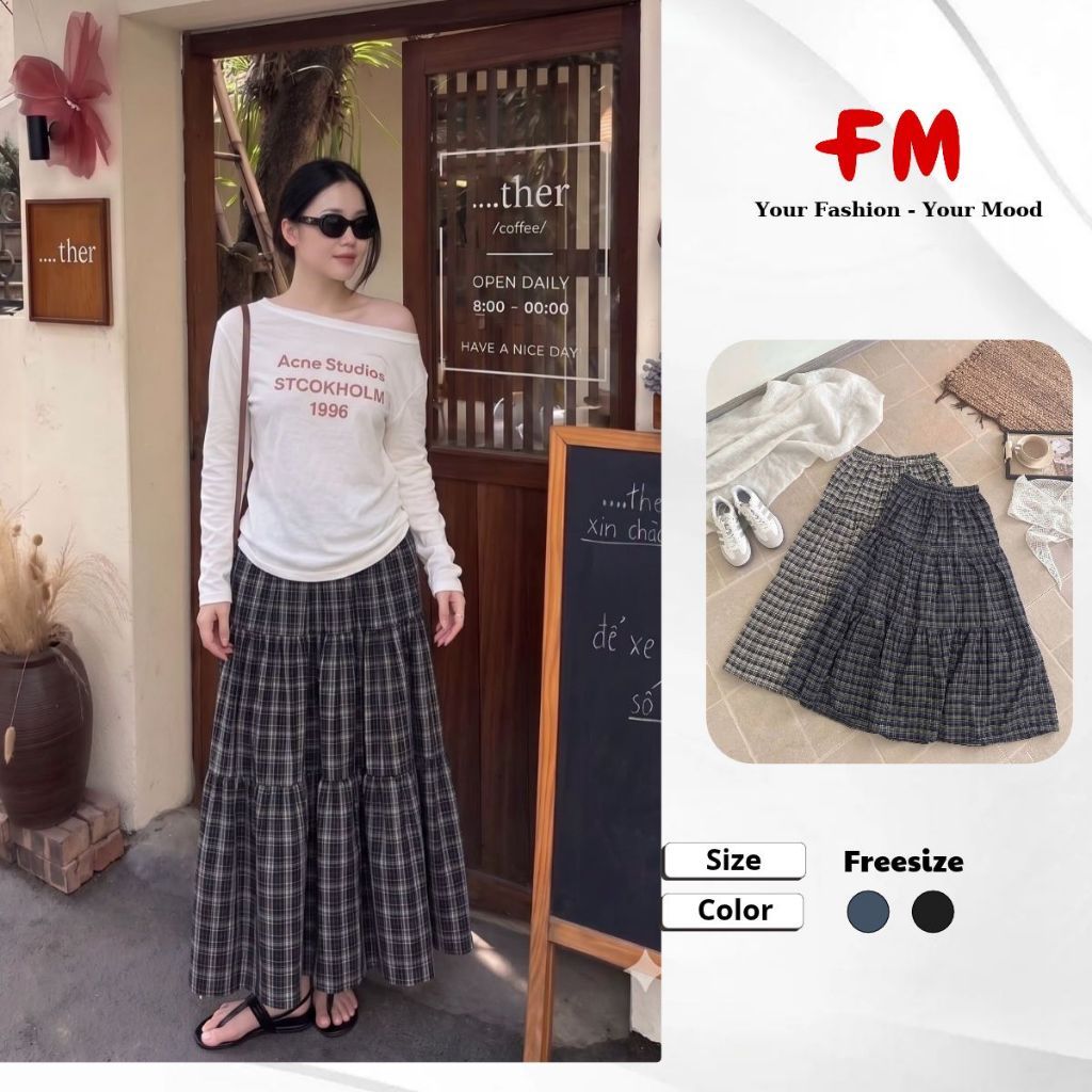 FMSTYLE Chân Váy Nữ Dáng A kẻ 3 tầng xòe 2 Màu Freesize 26090941