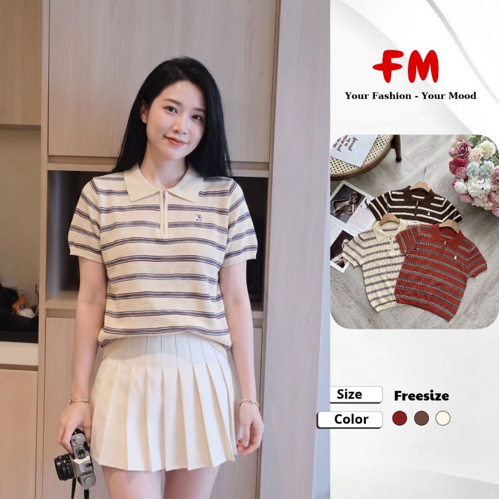 FMSTYLE Áo Dệt Kim Tay Ngắn cổ bẻ khóa kẻ thêu gấu 3 Màu Siêu Xinh Freesize 26100955