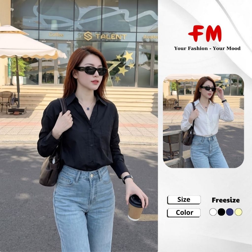 FMSTYLE Áo Sơ Mi Nữ Oversize Tay Dài trơn cổ V Nhiều Màu Siêu Xinh 26090969