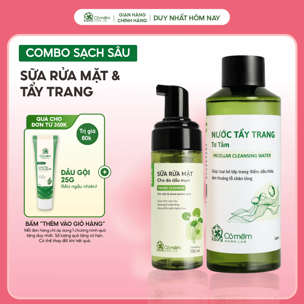 Bộ Chăm Sóc Da 2 Bước Nước Tẩy Trang Và Bọt Rửa Mặt Mọi Loại Da Cỏ Mềm