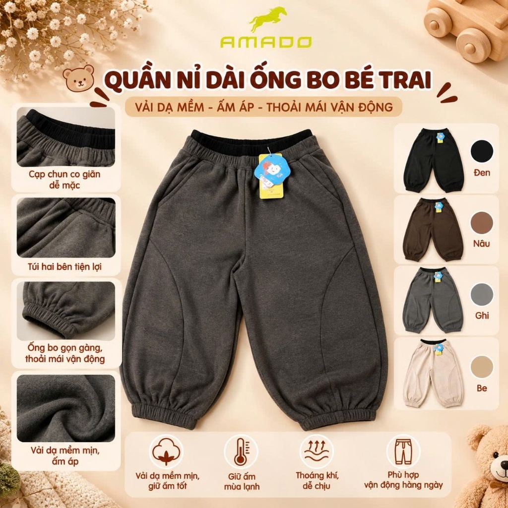 Quần Dài Ống Bo Bé Trai AMADO Cạp Chun - Quần Vải Dạ Mềm Dáng Bo Gấu 4 Màu
