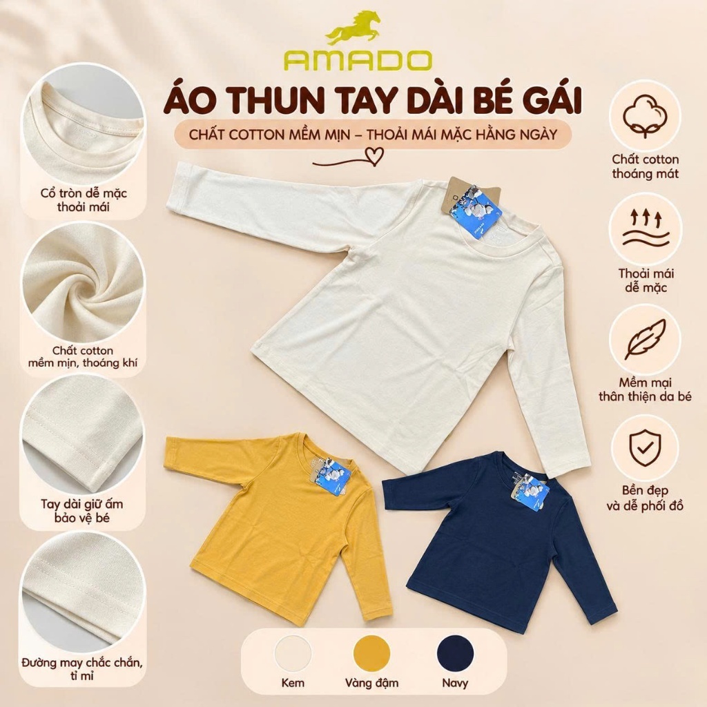 Áo Giữ Nhiệt Bé Gái AMADO Dài Tay Cổ Tròn - Áo Thun Giữ Nhiệt Trẻ Em Cotton 3 Màu