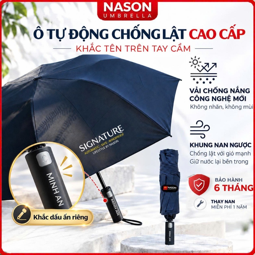 Ô dù che mưa nắng nan ngược chống lật Nason Umbrella, ngăn 99% UV, khắc tên logo, tự động 2 chiều