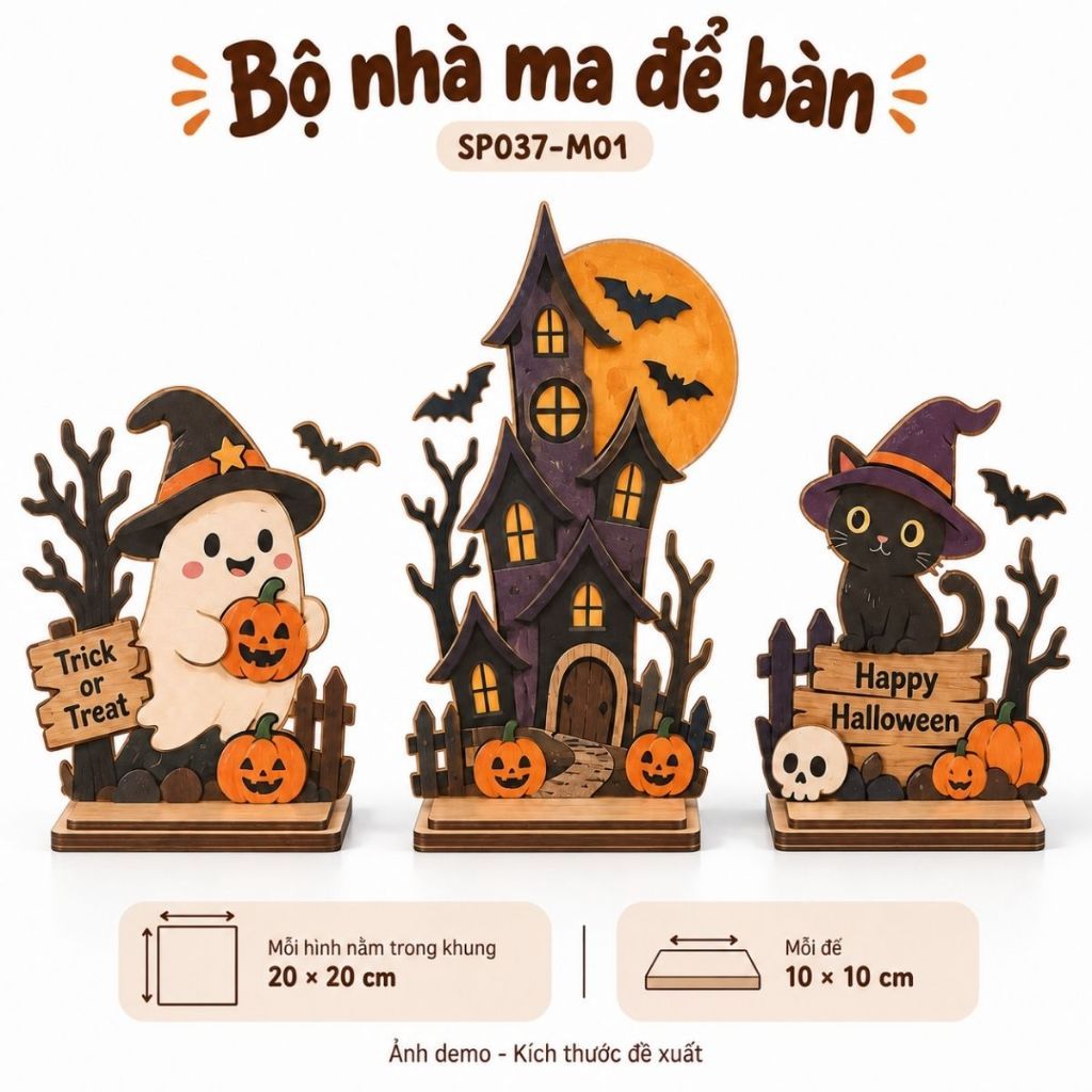 Bộ 3 mô hình nhà ma bằng gỗ có chân đế — ảnh listing minh họa