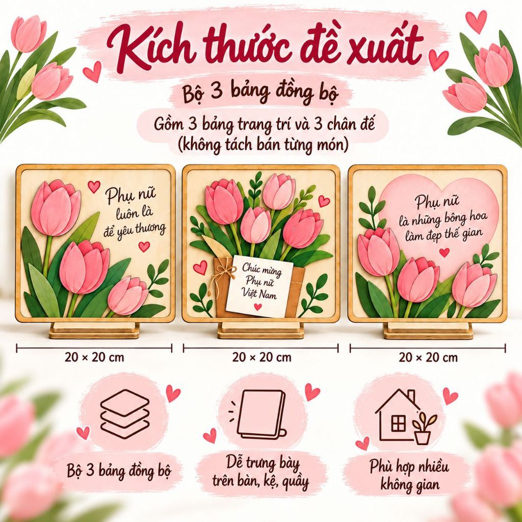 Bộ 3 Hoa Gỗ Chúc Mừng Phụ Nữ Để Bàn Kèm Chân Đế — ảnh listing minh họa