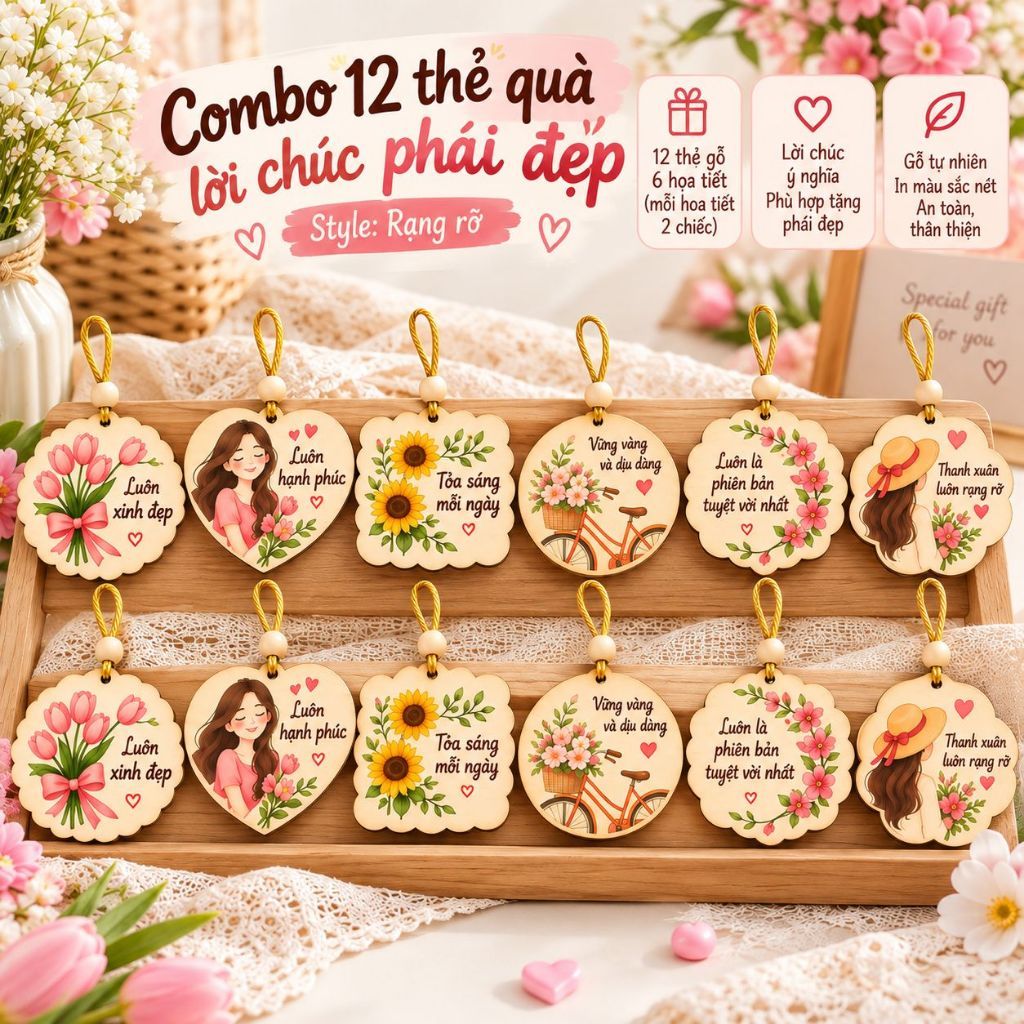 Bộ 12 thẻ gỗ treo quà lời chúc phụ nữ — ảnh listing minh họa