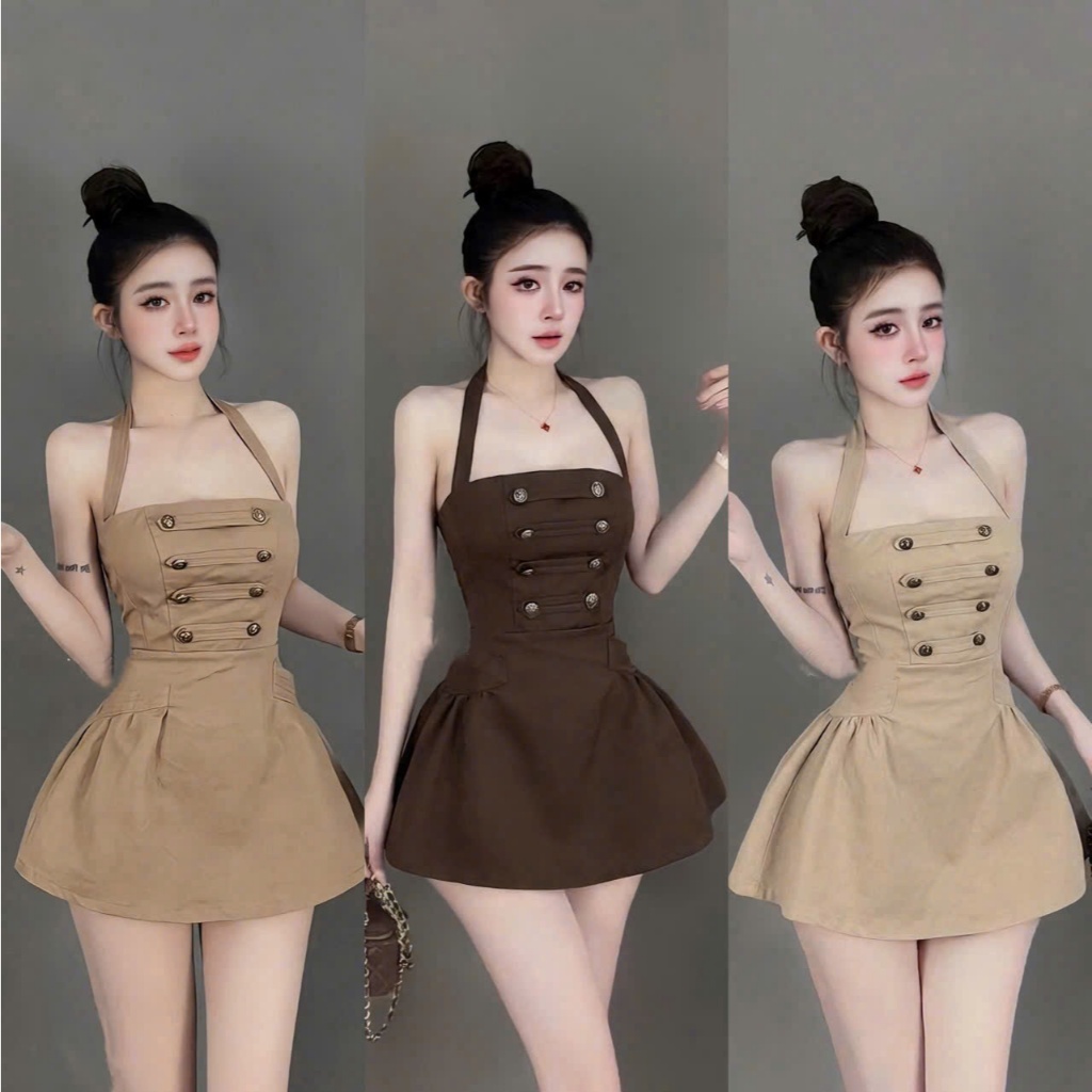 Đầm váy ngắn - Dáng ngắn xòe nhún chiết eo giả túi chất kaki 2 màu vintage 2 dây cổ yếm nút đồng khuy đối napo - minina