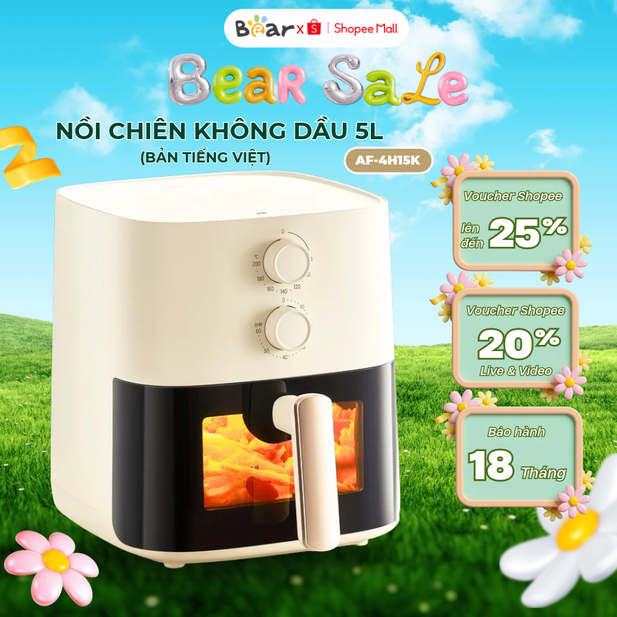 Nồi Chiên Không Dầu 5L Bear AF-4H15K, Công Suất 1500W, Hẹn Giờ- Nhiệt Độ Nấu, Bảo Hành 18 Tháng