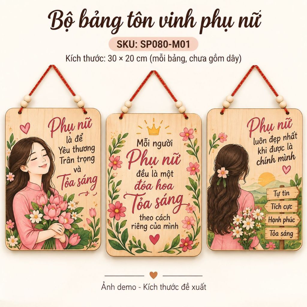 Bộ 3 bảng gỗ tôn vinh phụ nữ — ảnh listing minh họa