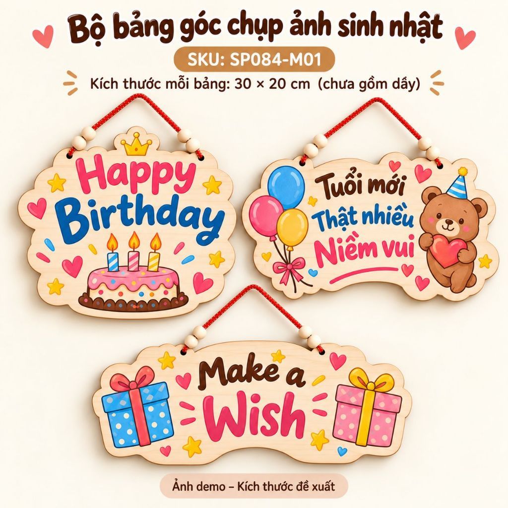 Bộ 3 bảng gỗ trang trí góc chụp ảnh sinh nhật — ảnh listing minh họa