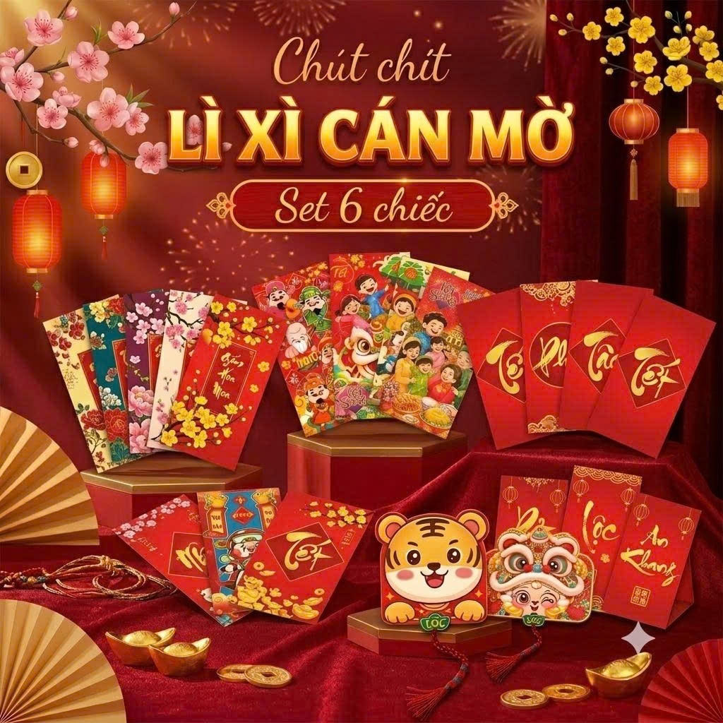 Set Lì Xì Tết Đinh Mùi 2027 Mẫu C150 Cán Màng Cao Cấp, Họa Tiết Tết Cổ Truyền, Đa Dạng Mẫu Lì Xì (Set 6 Cái)
