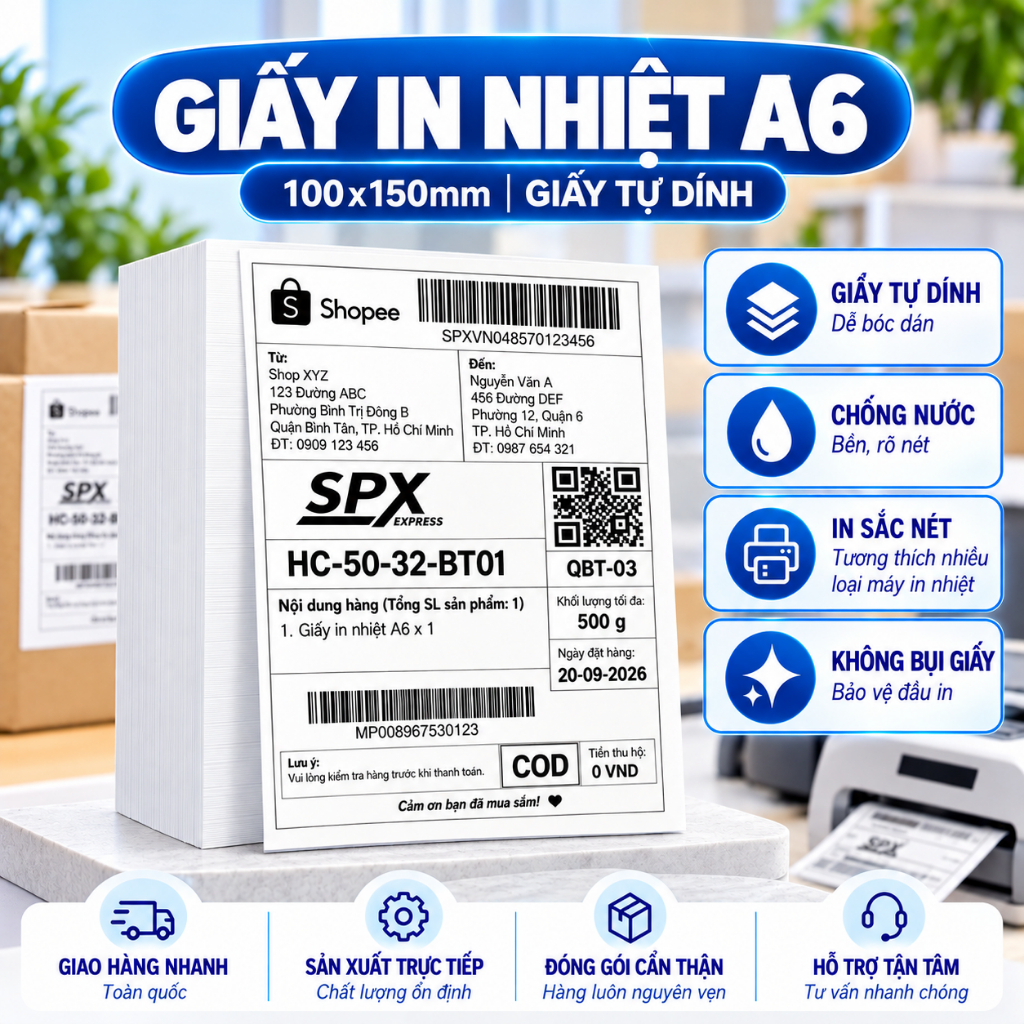 [ HỎA TỐC ] Giấy In Nhiệt Tự Dính Dạng Tập 500 Tờ A6 Khổ 100 x 150 - CÓ SẴN LỚP DÁN