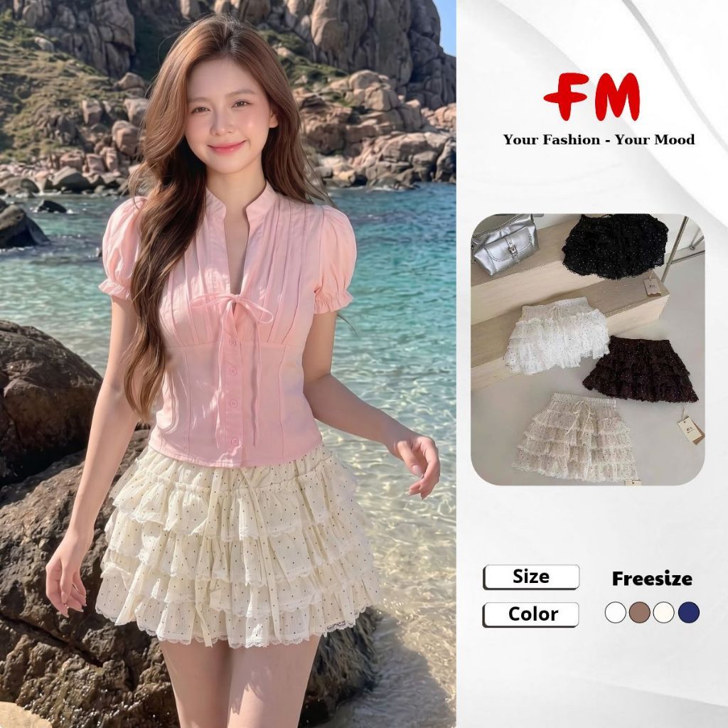 FMSTYLE Chân Váy Nữ Dáng Xoè lưng thun ren tầng chấm bi 4 Màu Freesize 26100970