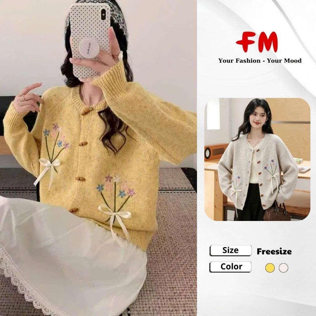 FMSTYLE Áo Len Nữ Cổ Thường Tay Dài thêu hoa 2 bên nơ 6 nút gỗ 2 màu freesize 26100814